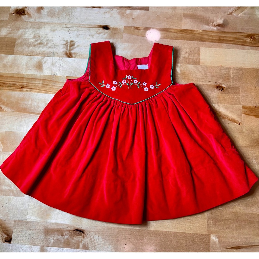 Vintage‎ Velvet Dress Toddler Girls 24 Months Red Excellent Floral Embroidered